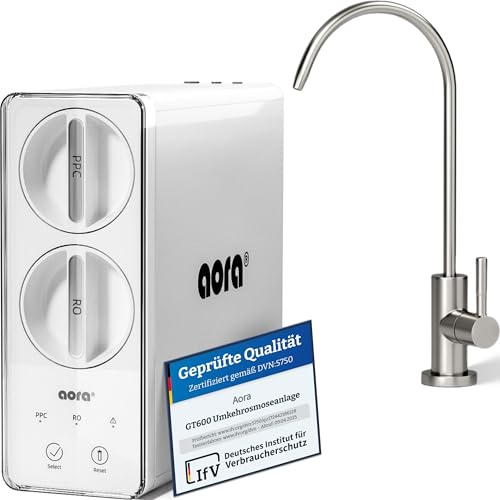 aora GT600 Umkehrosmoseanlage + Einweg-Wasserhahn aus Edelstahl – Osmose Wasserfilter mit 8-Stufen-Filtration & Filterwechsel in 3 Sek. – Untertisch-Osmoseanlage mit separatem Auslauf – SOFIA