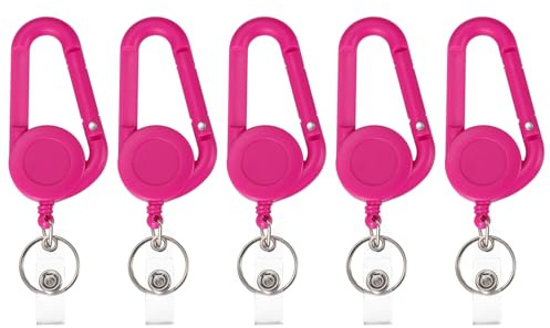 PATIKIL 5-pack infällbar nyckelring bältesklämma utdragbar ID-bricka rulle plast korthållare rulle bricka hållare klämma för kvinnor volontärer lärare kontor affärer, fuchsia