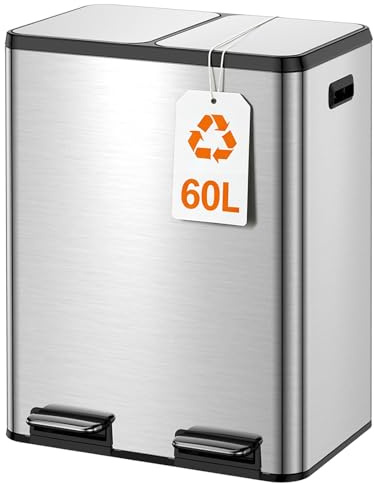 YEAUPE PRO Kökssoptunna 60L i Rostfritt Stål, 2x30L Dubbel Pedalhink för Avfallssortering, Soft Close-Lock, Uttagbara Innerhinkar, Köksavfallshink för Källsortering, Inkl. 15 Soppåsar