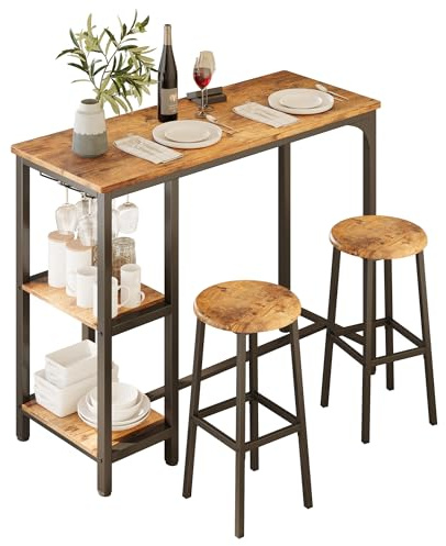 Blishom Bartisch-Set，Bartisch 3 Teilig mit 2 Barhocker，Küchenbar-Tisch mit 2 Ablagen & Glashalter, Vielzweck-Kneipentisch für Wohnzimmer，Esszimmer (Retro)