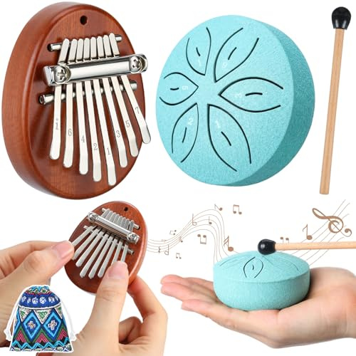 Maasechs 2 Pcs Mini Kalimba and Tongue Drum Set 6 Notes 8 Keys,Blue | Thumb Piano Includes Tuning Tools, Steel Percussion and Mallet, Portable Musical Instruments, Gift Adult Beginners