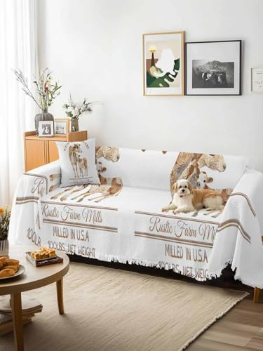 Beige Farm Animals Sofa Cover Blanket Couch Covers for Armchair Cushion, Couch Sofa Silpcover with Tassel, Cow Farmhouse Living Room Bedroom Throw Towel Blanket Covers for Pets Kids XX-L 71x150