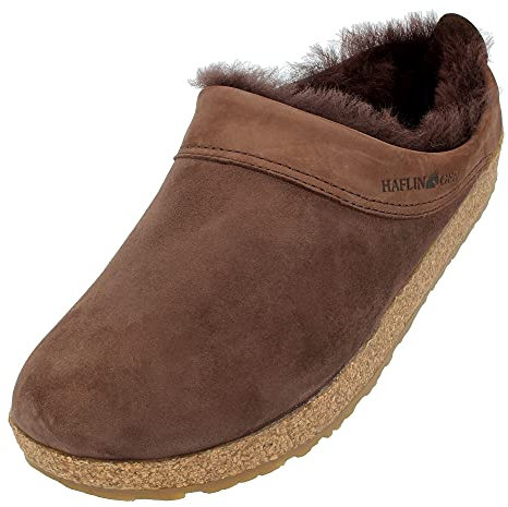 HAFLINGER Lammfellclog Snowbird Filzpantoffel Hausschuh Dunkelbraun (Kaffee 65), Gr 43
