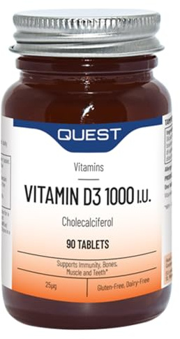Quest - Vitamin D3 1000i.u High Strength VIT D Supplements Tablets. Easy to Swallow One A Day D3 Vitamin for Immune System, Healthy Bones, Teeth and Muscles (90 Tablets)