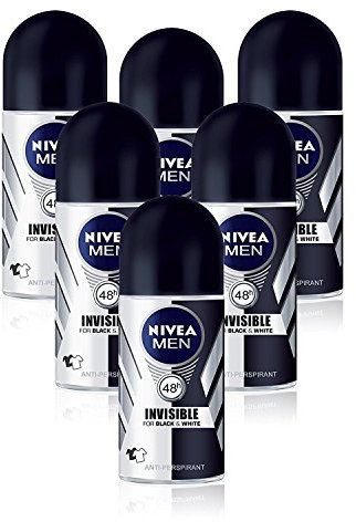 Nivea Invisible Black & White Deodorant für Herren, 48H Antitranspirant-Roll-on, 50 ml, 6 Stück