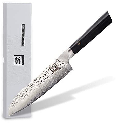 zayiko Kuro Damastmesser Santoku Messer 17 cm Klinge aus 67 Lagen mit VG-10 Kern I Damast Küchenmesser und Profi Kochmesser aus echtem Damaststahl mit Pakkaholzgriff