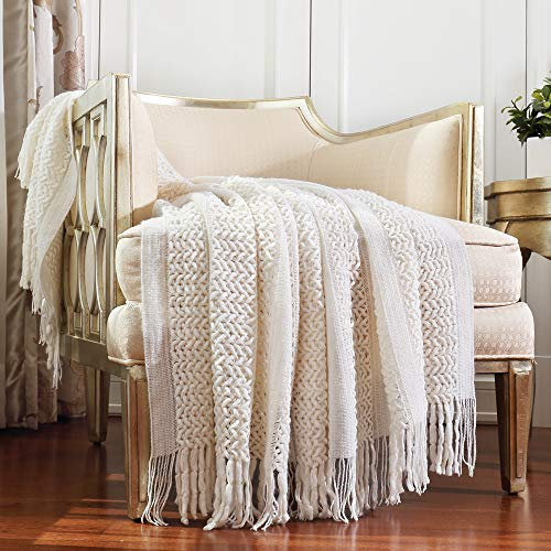 CREVENT Farmhouse Knit Throw Blanket for Couch Sofa Chair Bed Home Decoration, Soft Warm Cozy Light Weight Textured Cover for Spring Summer Fall(127cmX152cm Cream/White)
