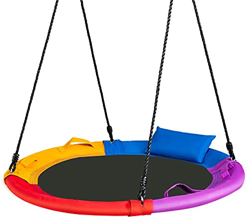 RELAX4LIFE Altalena da Giardino per Bambini, Altalena Rotonda a Nido per Esterno e Interno, Altezza Regolabile 100-160cm, per 2-3 Bambini, Carico massimo: 150kg (Colorato+Cuscino)