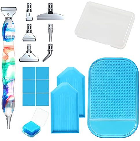 FRUHLING 5D Diamond Painting Stift Kunstharz Diamant Malstift Diamant Malerei Zubehör und Werkzeuge mit 6 Ersatzstiftköpfe 6 Diamant Malerei Kleber Clay 2 Trays 1 Anti Rutsch Matten