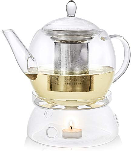 Teabloom Prague Glass Tea Maker & Warmer Set – Large Capacity (45 oz) – Heatproof Borosilicate Glass Teapot with Removable Stainless Steel Loose Tea Infuser – Stovetop Safe Kettle