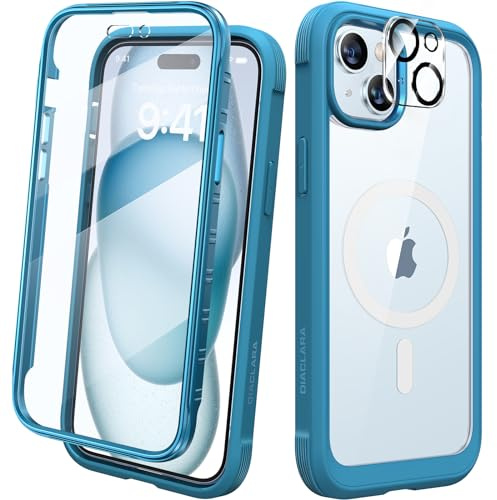 Diaclara Magnetic Designed for iPhone 15 Case, Compatible with MagSafe Built-in Touch Sensitive Anti-Scratch Screen Protector, with Camera Lens Protector for iPhone 15 6.1 - Wave Blue