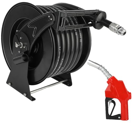 1 Inch Fuel Hose Reel With Fueling Nozzle, 50 Foot Heavy Duty Diesel Retractable, 300 PSI Industrial Auto Rewind Mount for Def Fluid Tank Truck Bed Trailer Boat Cart