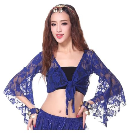 Top de danza del vientre para mujer, top envolvente de manga 3/4 acampanada, top corto con chal floral con vendaje con nudo para ropa de baile, tops cortos de encaje con mariposas disfraz yoga danza