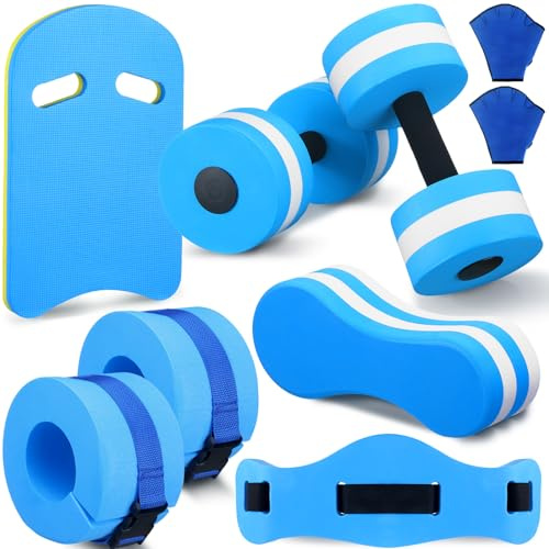 Sonwyoung 8 Pcs Water Aerobics Set Including Exercise Foam Dumbbells Aquatic Swim Belt Pull Buoy Swim Kickboard Sport Gloves Water Weights Equipment for Aquatic Fitness Weight Loss Fitness Tool(Blue)