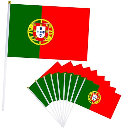 10 banderas de Portugal para decoración de la Copa Mundial de Fifa 2026, mini bandera de Portugal de 14 x 21 cm, pequeñas banderas en palos, bandera portuguesa de mano para Eurovisión, Eurovisión
