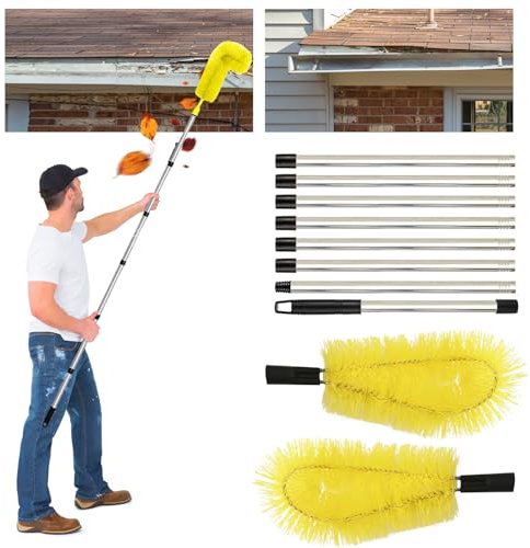 Yallmie Gutter Cleaning Brush, Gutter Cleaner Brush With 8 Extension Telescopic Gutter Cleaning Pole, Gutter Cleaning Equipment With 2 Gutter Brush Long Gutter Cleaning Tools Telescopic From Ground