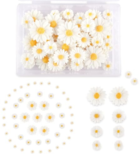 100 pcs Mini Daisy Decorations, Artificial Resin Daisy Flowers for Resin Crafts, Small White Flatback Charms with Storage Box for DIY, Party and Home Decoration