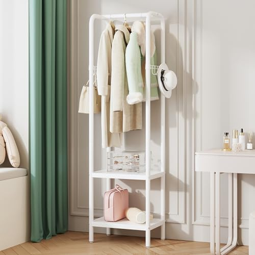 ZHYOCOGY Metal Coat Stand, Small Coat Rack with Shelf and Hook, Freestanding Clothes Rail for Hallway, Bedroom, Office, Balcony, Small Space, Entrance (White)