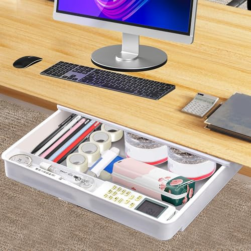 Qivine Cassetto Sotto Scrivania, Autoadesivo Nascosto Cassetto Estraibile con Adesivo, Risparmio Di Spazio Organizzatore Scrivania per Casa, Cucina e Ufficio, 28.2x32.2x5.4cm Bianco