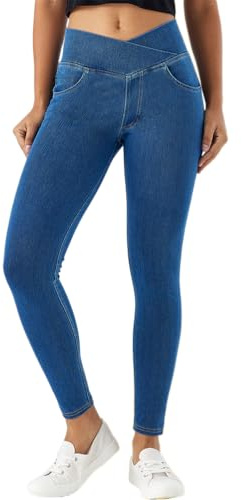 Onsoyours Jeans Donna Vita Alta Cross Jeggings Elasticizzati Yoga Leggins Skinny Jeggings Pantaloni in Denim B Blu L