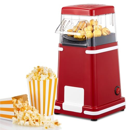 VINATO Popcornmaskin, varm luft 1 200 W, oljefri, popcornmaskin, 1 knapp, förbereder popcorn på bara 2 minuter, perfekt för hem och resor