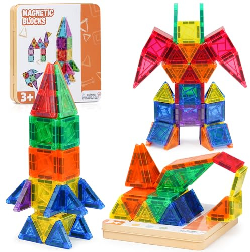 Lozzzyo Construcción Magnética Infantil, Juego de Ladrillos Magnéticos de 60 Piezas para Niños de 3 a 12 Años, Juegos Magnéticos Infantiles con Caja de Almacenamiento Metálica Portátil para Niños y