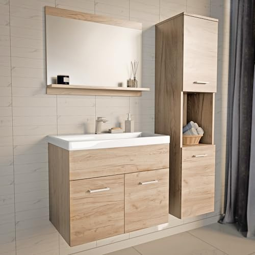 [en.casa] Ensemble de Meuble de Salle de Bains 3 Pièces Pratiques Meuble sous Lavabo avec Vasque Céramique Armoire Haute et Miroir avec Étagère Panneau de Particules Métal Effet Chêne
