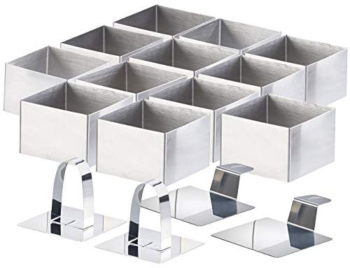 Rosenstein & Söhne Speisering-Sets: 12 Dessert-/Speiseringe 8 x 8 x 5 cm, eckig, mit Heber & Stampfer (Multi-Servierringe, Dessert Ausstecher, Backblech)