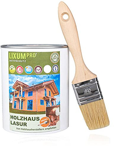 LIXUM 100% Biologische Holzhaus & Blockhaus Lasur - Wetterschutz für Holzhäuser, Farbe:farblos 0.00, Inhalt:1 Liter (ca.25m²), inkl. Zubehör:Pinsel