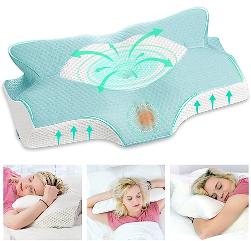Elviros Cuscino in Memory Foam Ortopedico Cervicale per Dolore al Collo Cuscino Ergonomico per Dolore alla Spalla Cuscino di Sostegno del Collo, Blu Verde, 64 x 12.5/10.5 x 38 cm