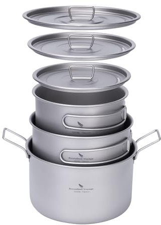 iBasingo Titan Camping Kochtopf-Set 1,2L/1,8L/2,4L aus TA1 Reintitan, Mit Deckel & Klappgriff, Ultraleicht & Stapelbar, Ofentauglich Outdoor Kochgeschirr für Rucksacktouren Wandern Picknick Ti2109C