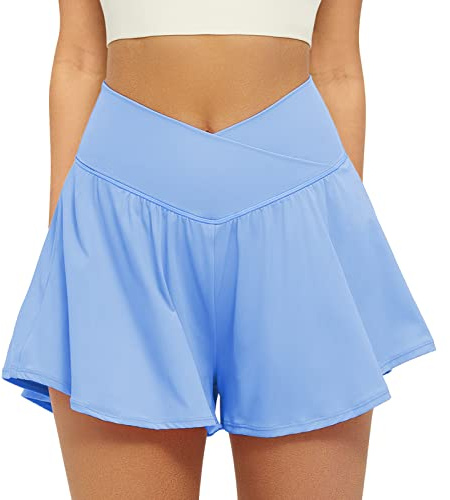 FireSwan Jupe-short athlétique croisée pour femme 2 en 1 - Short de course fluide avec poches en spandex, papillon, idéal pour le tennis, le golf, l'entraînement, bleu bébé, M