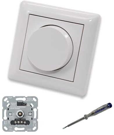 GIRA 245500 LED-Drehdimmer LED-Dimmer mit Dimmerscheibe Zentralscheibe Zentralplatte 065003 Einfachrahmen in System55 reinweiß glänzend inklusive EBROM Phasenprüfer zur Montage des Dimmers
