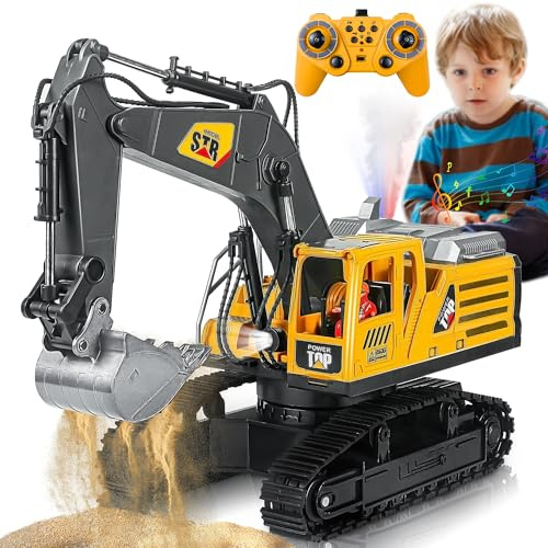FUYLE Remote Control Excavator Construction Toy, 14 Channel 2.4Ghz RC Digger with Simulating Real Engine Spray, 680° Rotation, Metal Shovel, Lights and Sounds, Christmas Birthday Gift for Boys Kids