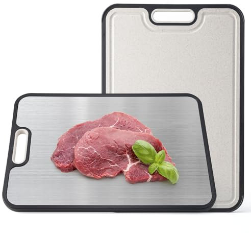 Chopping Board Stainless Steel Chopping Board Double Sided Food-Grade Cutting Board 38×25cm Butchers Block Cutting Board Stainless Steel & Wheat Straw PP Chopping Boards for Kitchens Vegetables Meat