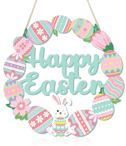 COCHIE Happy Easter Decorations Sign, Bunny Eggs Wood Wreath for Front Door Porch Window Wall Hanging Decor, Pink Green Spring Decoration for the Home (Bunny Egg)