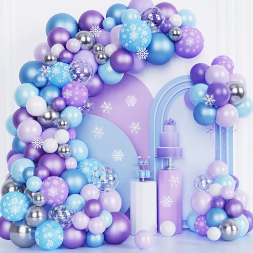 156Pcs Snow Frozen Birthday Balloons Arch Kit, Blue Purple Birthday Party Decoration Latex Balloons Snowflakes for Girls Winter Wonderland Baby Shower Party Supplies