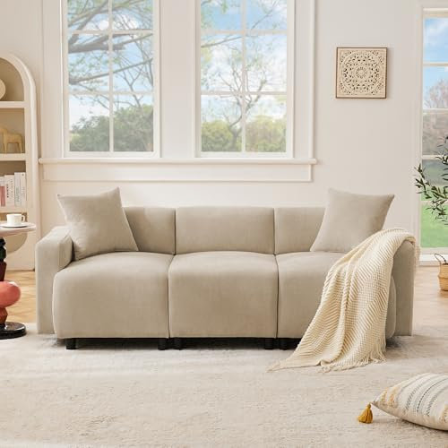 Zepneiy Canapé 3 Places Moderne Design, Canapé 3 Places avec 2 Coussins, Meuble Salon Rembourré Canapé, Moderne Canapé en Chenille-Stoff pour Appartement Bureau, Beige