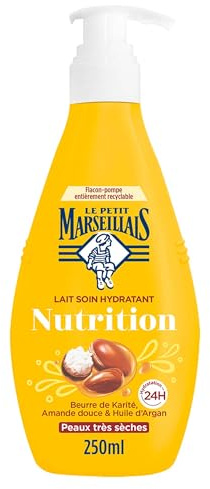 Le Petit Marseillais - Lait Soin Hydratant Nutrition (Flacon-Pompe de 250 Ml) – Lait Corps pour Peaux Très Sèches Hydratation 24H – Lait Corporel au Beurre de Karité, Amande Douce et Huile d'Argan