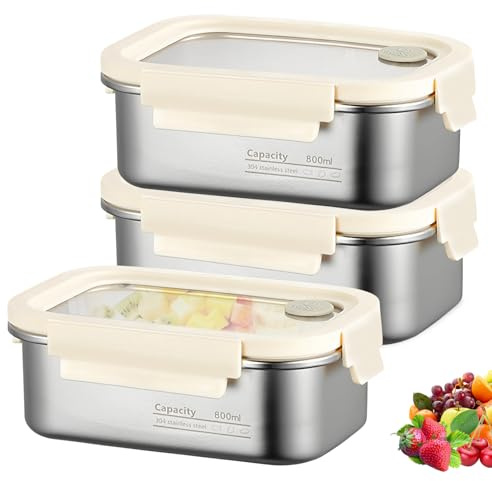 PORFOYO 3er Set Frischhaltedosen mit Deckel, 800ml Edelstahl Dose mit Deckel, Luftdichte Vorratsdosen Jausenbox, Auslaufsichere Behälter mit Sichtfenster & Vakuumverschluss