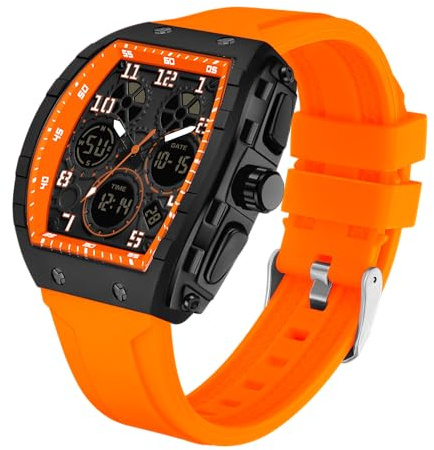 Reloj de pulsera deportivo, rectangular y único para hombre, con pantalla digital analógica de doble hora, cronómetro, diseño punk, genial, resistente al agua, 5 ATM, para hombre, naranja, Correa