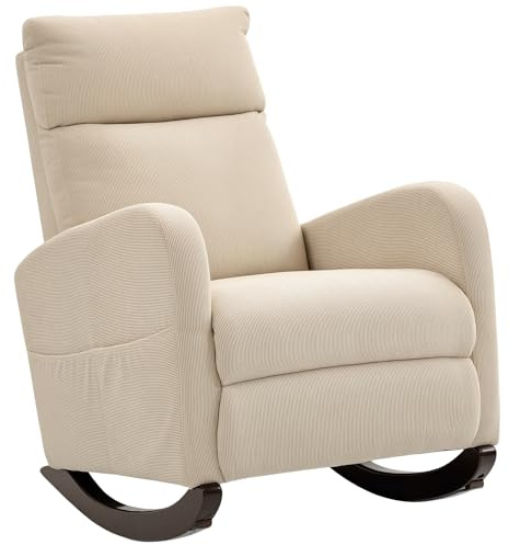 HOMCOM Rocking Chair, Corduroy Fabric Upholstered Accent Armchair with Side Pockets & Solid Wood Legs, Modern High Back Leisure Rocker Lounge Chair for Nursery, Living Room, Bedroom, Beige