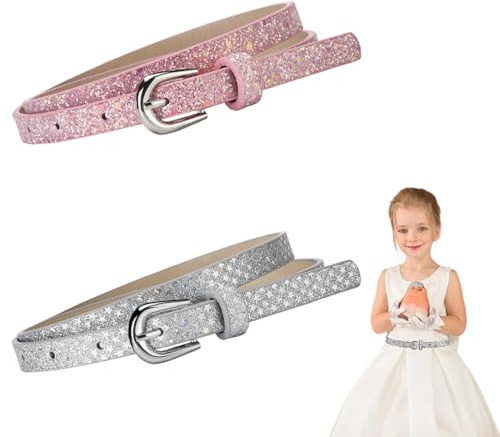 2 Piezas Cinturón Ajustado para Niños, Correa de Piel Sintética para Niñas, Cnturón Colorido con Hebilla Dorada para Vestido Vaquero
