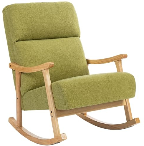 HOMCOM Silla Mecedora de Borreguito Moderna, Mecedora con Patas y Reposabrazos de Madera de Caucho, Respaldo Alto, Carga 120 kg, para Dormitorio, Salón, Verde Claro