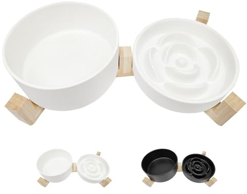 Ceramic Slow Feeder Dog Bowl Set-1 Cup Puzzle Dog Food Bowl & 850ML Water bowl with wooden stand for small dogs, Anti-Gulping,Anti-chewing,Anti-Slip,White