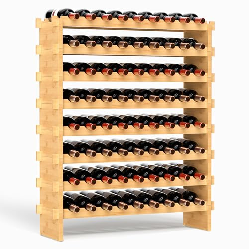 VASMIA Portabottiglie in Bambù Impilabile, Scaffale per Vino Autoportante per 72 Bottiglie, Montaggio Senza Strumenti, Mensola per Vino a 8 Livelli per Cucina, Bar, Soggiorno, Cantina, Naturale