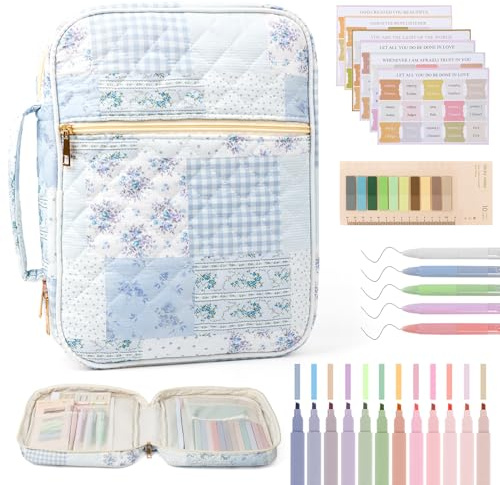 KOUDGY Bible Cover Case for Women Large Quilted Bible Carrying Bag with Handles Bible Study Supplies & Accessories Christian Gifts for Women(Cotton-Blue Patchwork, M)