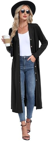 GRECERELLE Womens Long Cardigans Plus Size Long Sleeve Cardigan Ladies Lightweight Outwear Casual Coat with Pockets, Buttons for Women UK (Black, L)
