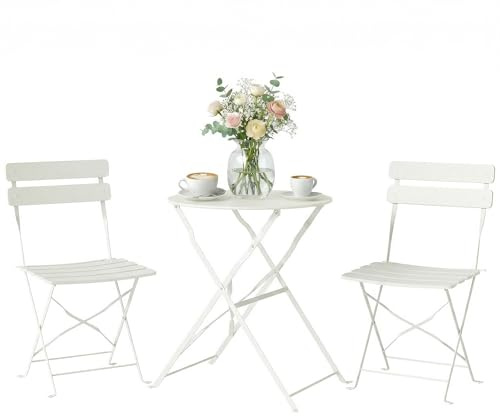 Outsunny Ensemble Bistrot de Jardin 3 Pièces san Montage Métal Crème | Table et 2 Chaises Pliantes à Lattes, Double Protection Antirouille, Mobilier de Balcon, Terrasse et Extérieur