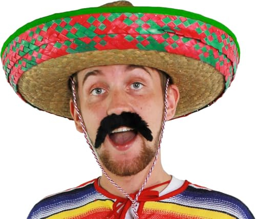 Mexikanskt tillbehörsset för vuxna – paket med 1 – grön broderad mexikansk sombrero, svart mexikansk tash – Mexico Fiesta Cinco de Mayo maskeraddräkt
